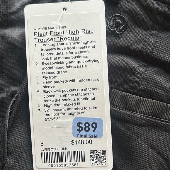 🆕 LULULEMON Pleat-Front High-Rise Trouser Black NWT Size 8 - Picture 16 of 16